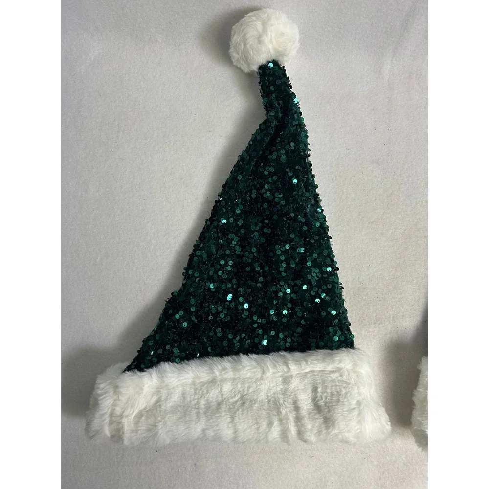 Christmas Holiday Great Value Womens OS Green Sequin Faux Fur Santa Hat Set of 2
